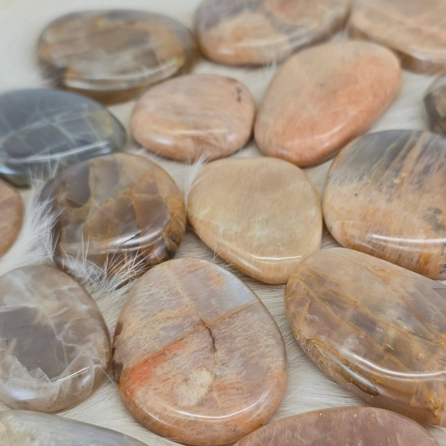 Peach Moonstone Flat Crystal Palm Stones