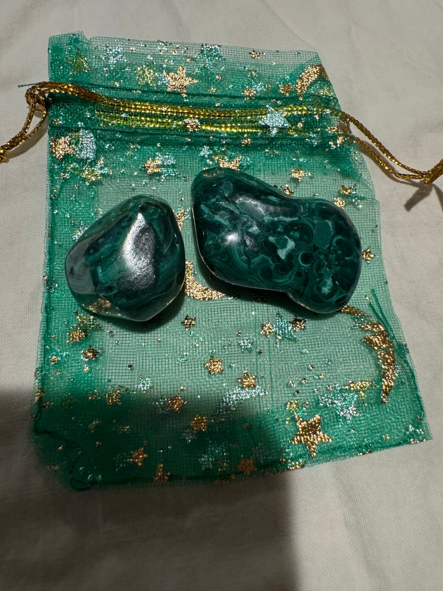 Money Manifesting Malachite In a Green Charm Bag