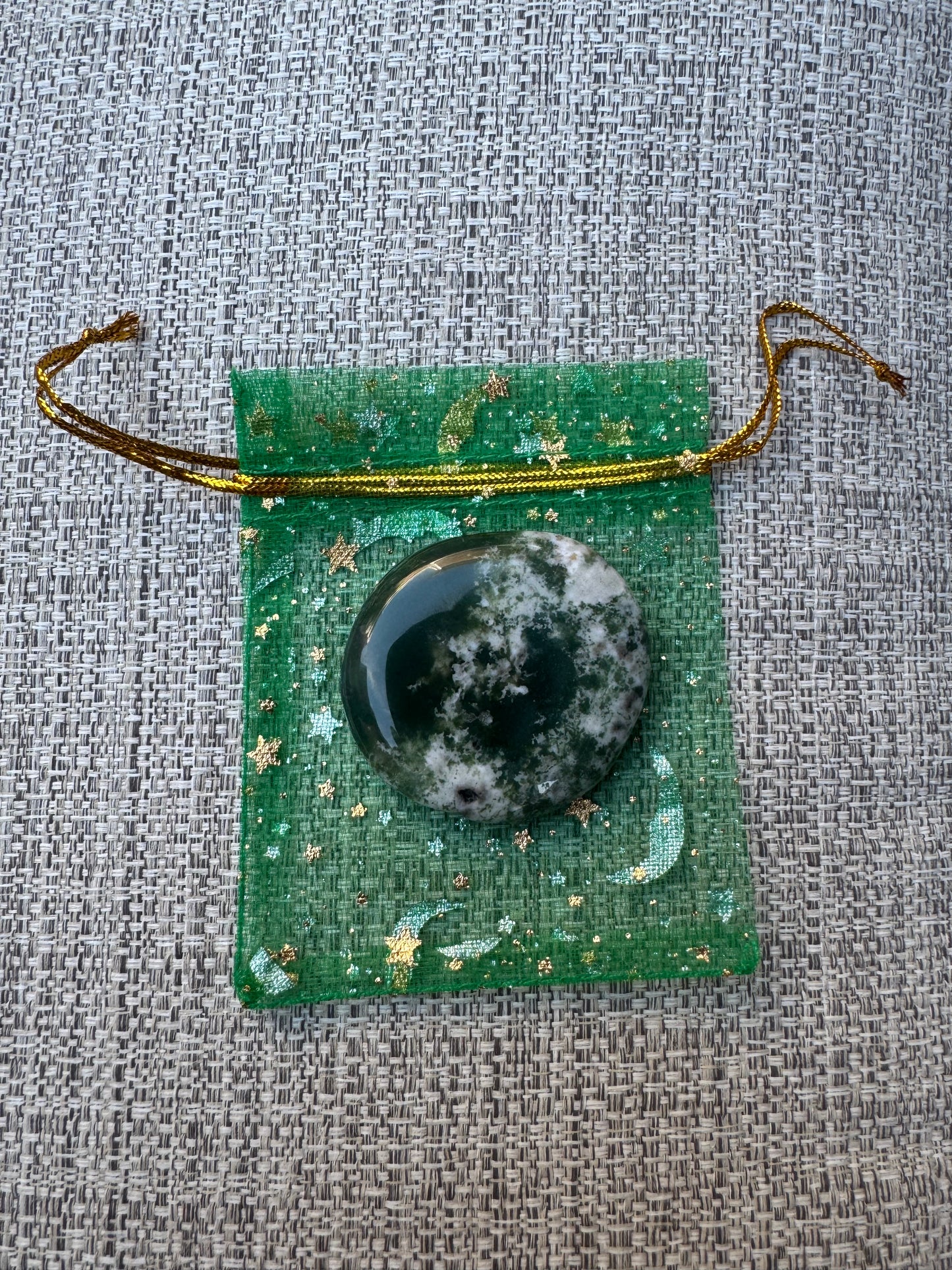 Crystal Intension Pouch- Relax and Restore Your Energy - Tree Agate in a Green Pouch