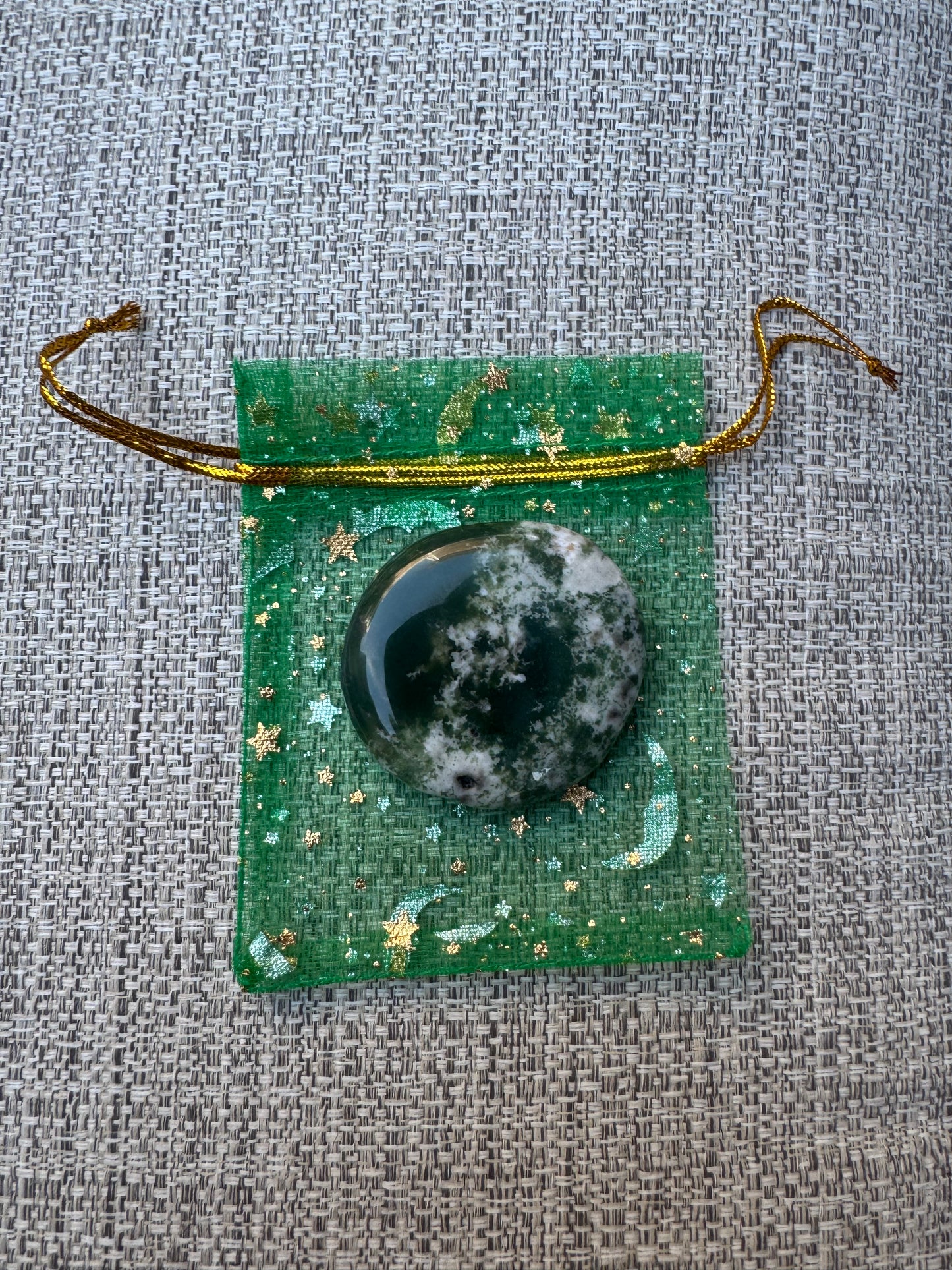 Crystal Intension Pouch- Relax and Restore Your Energy - Tree Agate in a Green Pouch
