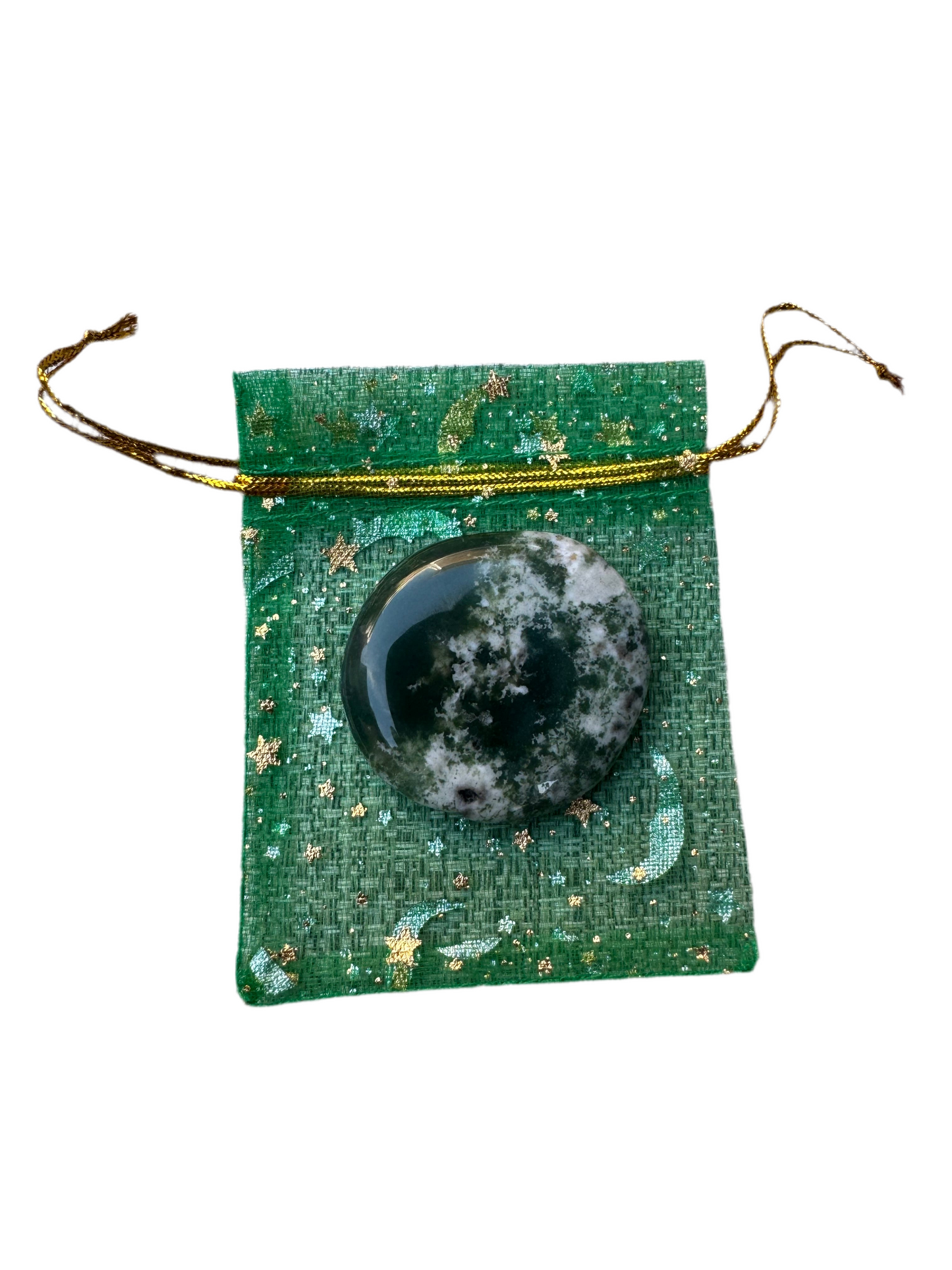 Crystal Intension Pouch- Relax and Restore Your Energy - Tree Agate in a Green Pouch