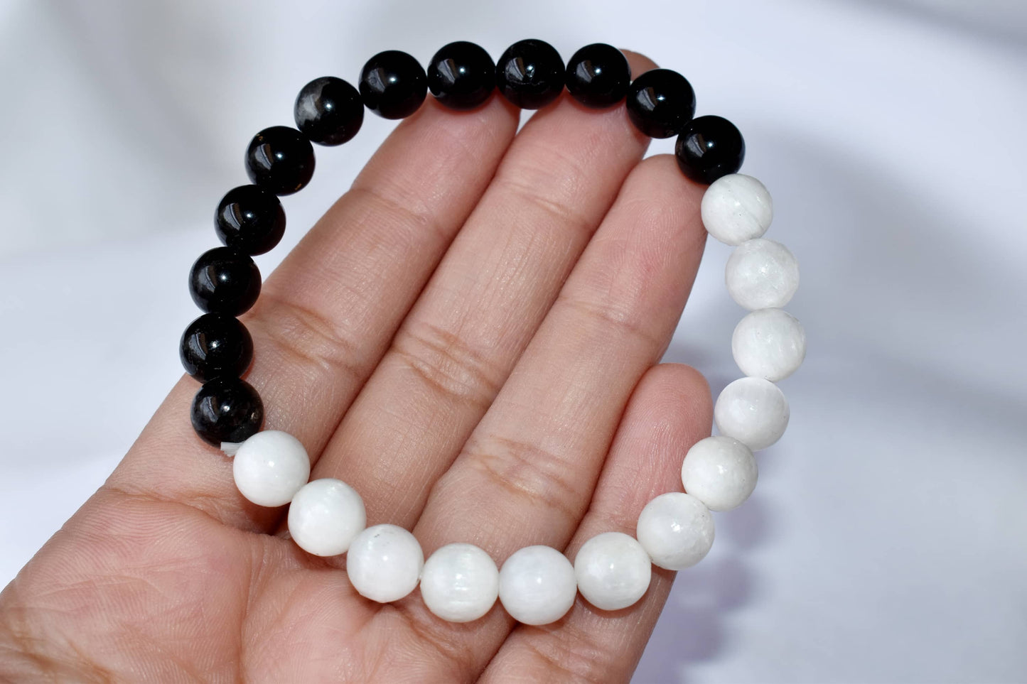 Yin Yang Energy Balance Crystal Bracelet Selenite and Black Tourmaline Spiritual Support