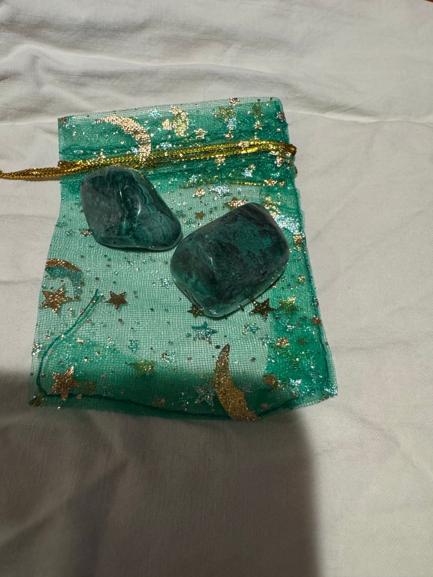 Money Manifesting Malachite In a Green Charm Bag