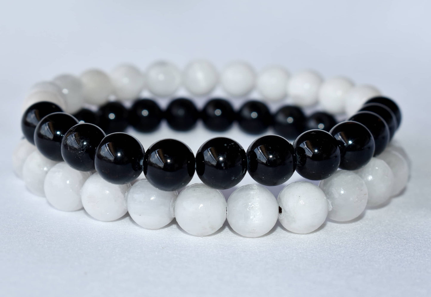 Yin Yang Energy Balance Crystal Bracelet Selenite and Black Tourmaline Spiritual Support