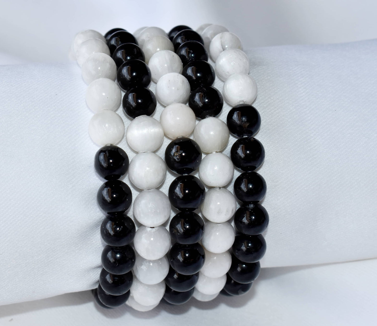 Yin Yang Energy Balance Crystal Bracelet Selenite and Black Tourmaline Spiritual Support