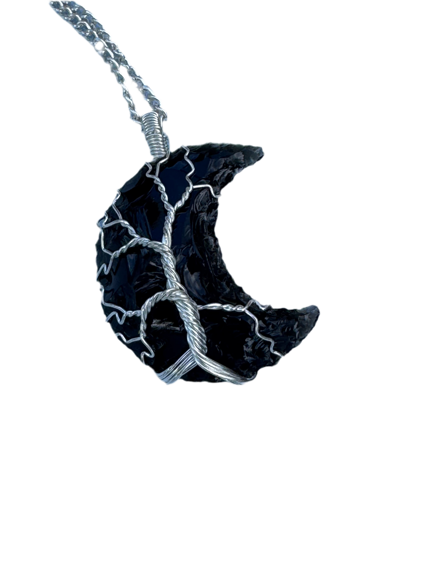 Black Obsidian Crystal Moon Silver Plate Wire Wrapped Pendants