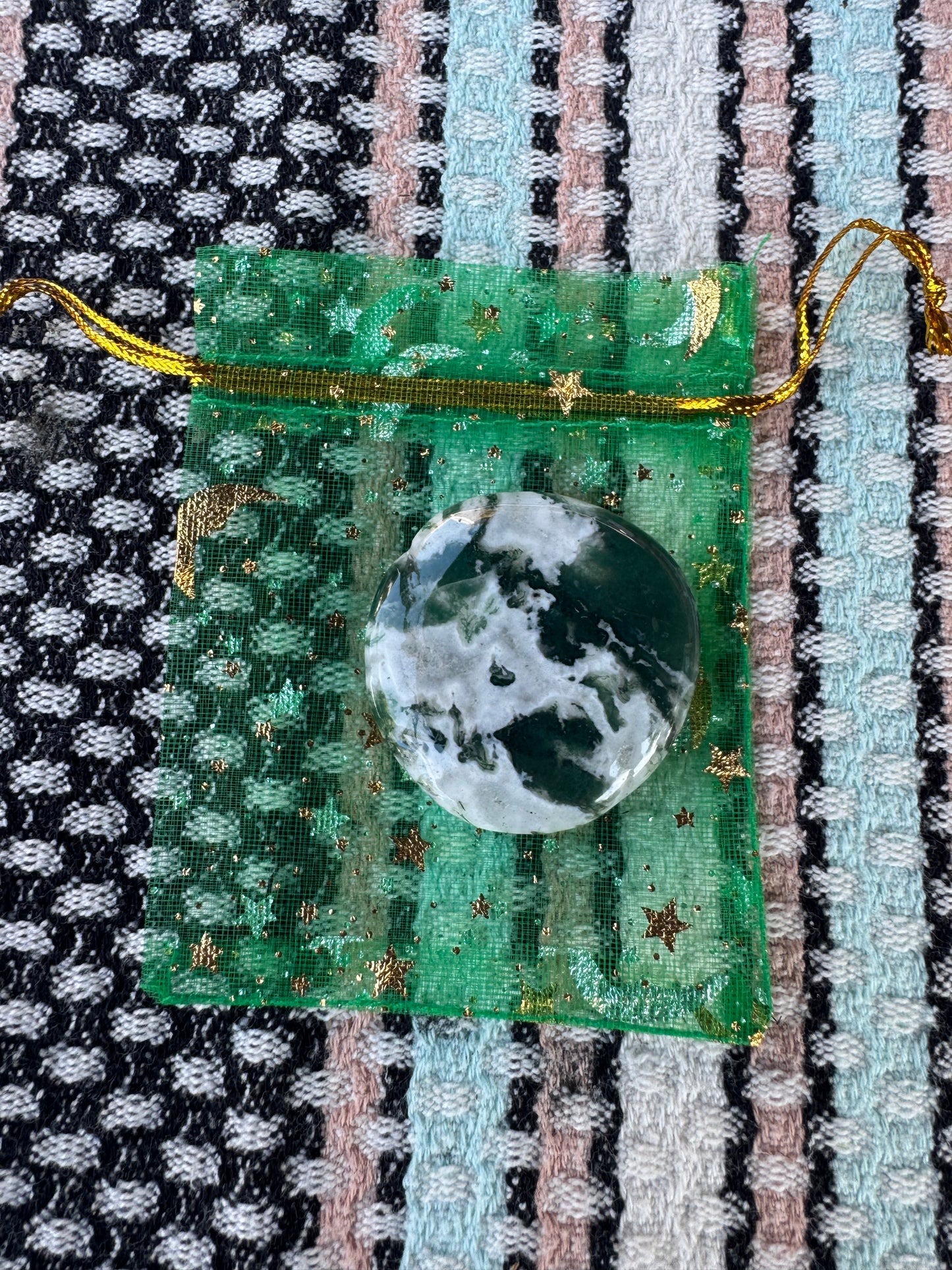 Crystal Intension Pouch- Relax and Restore Your Energy - Tree Agate in a Green Pouch