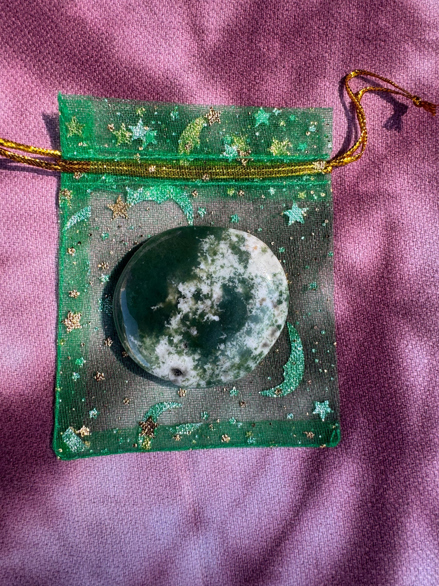 Crystal Intension Pouch- Relax and Restore Your Energy - Tree Agate in a Green Pouch