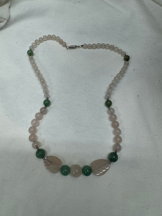 Carved Rose Quartz and Green Aventurine Necklace