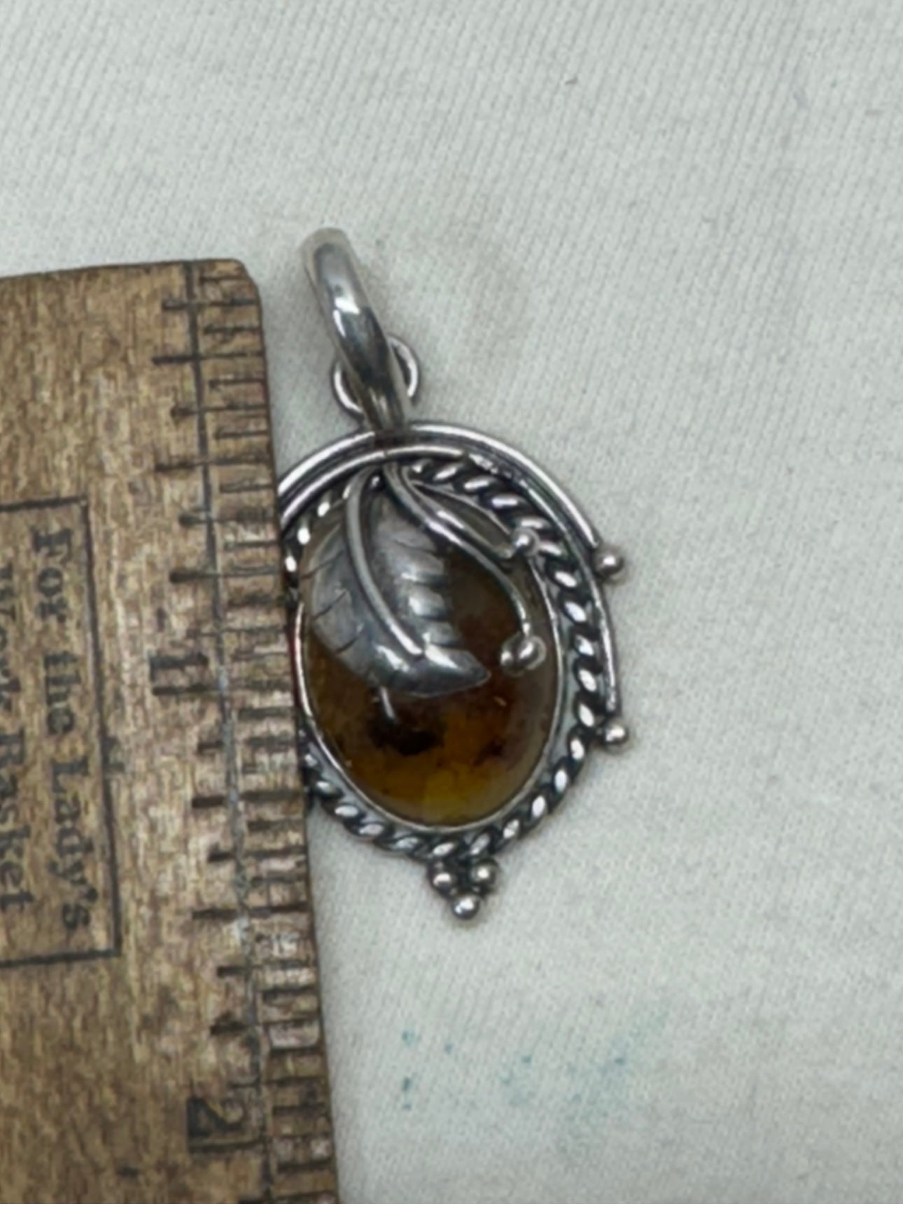 Amber and Sterling Feather Pendant