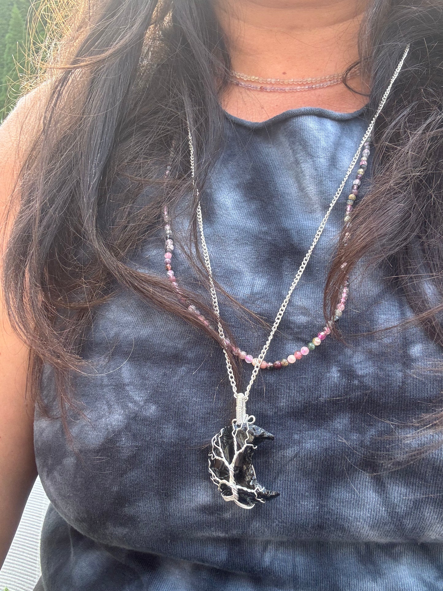 Black Obsidian Crystal Moon Silver Plate Wire Wrapped Pendants