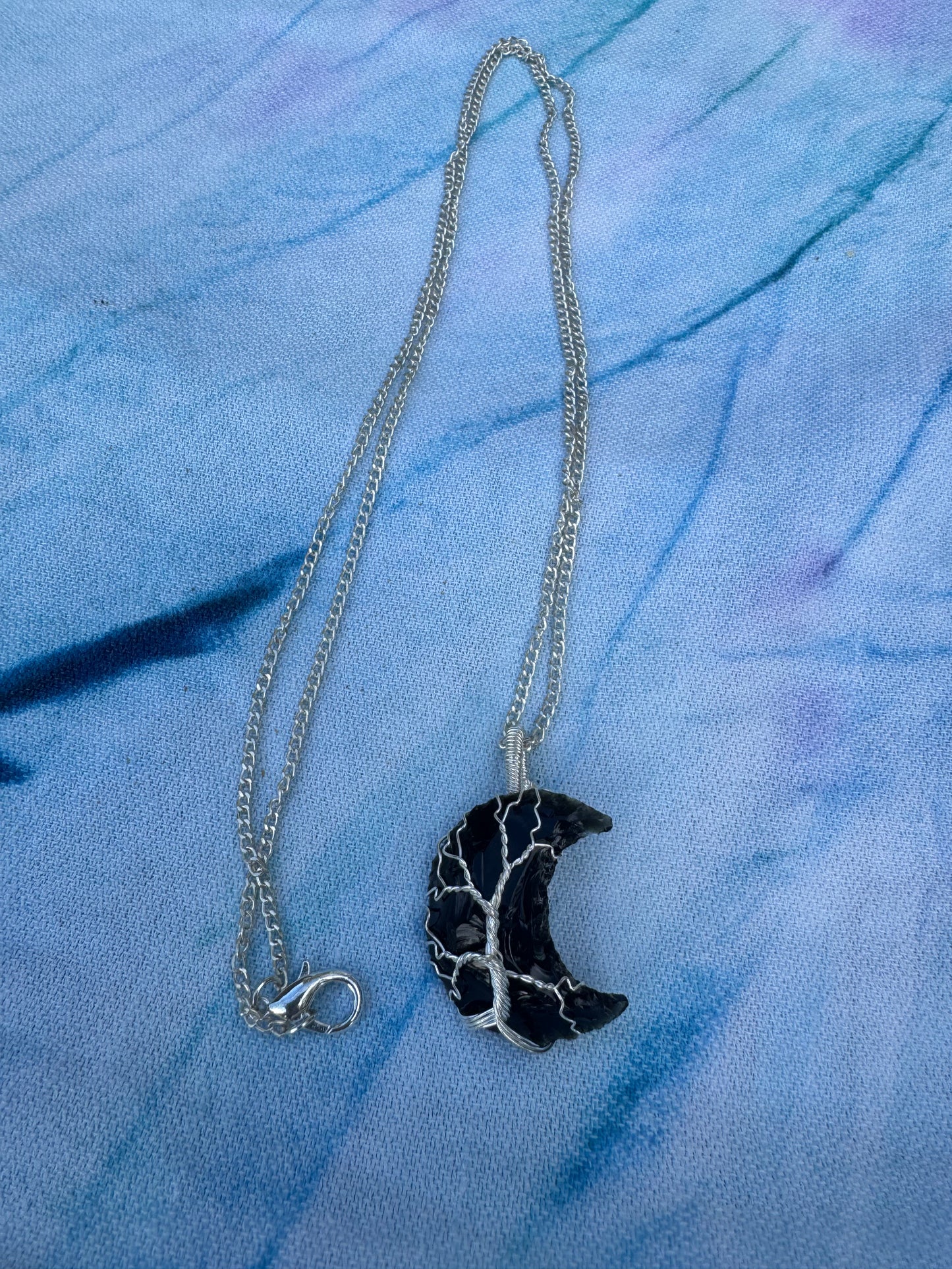 Black Obsidian Crystal Moon Silver Plate Wire Wrapped Pendants