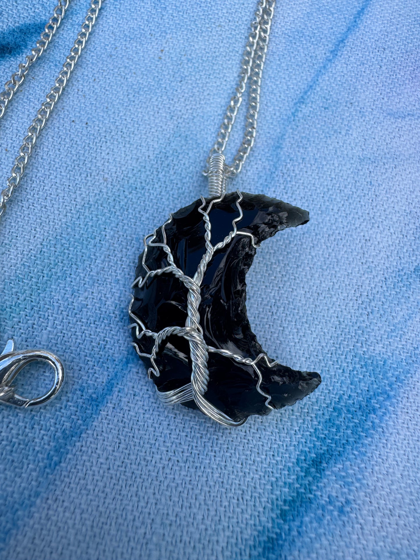 Black Obsidian Crystal Moon Silver Plate Wire Wrapped Pendants