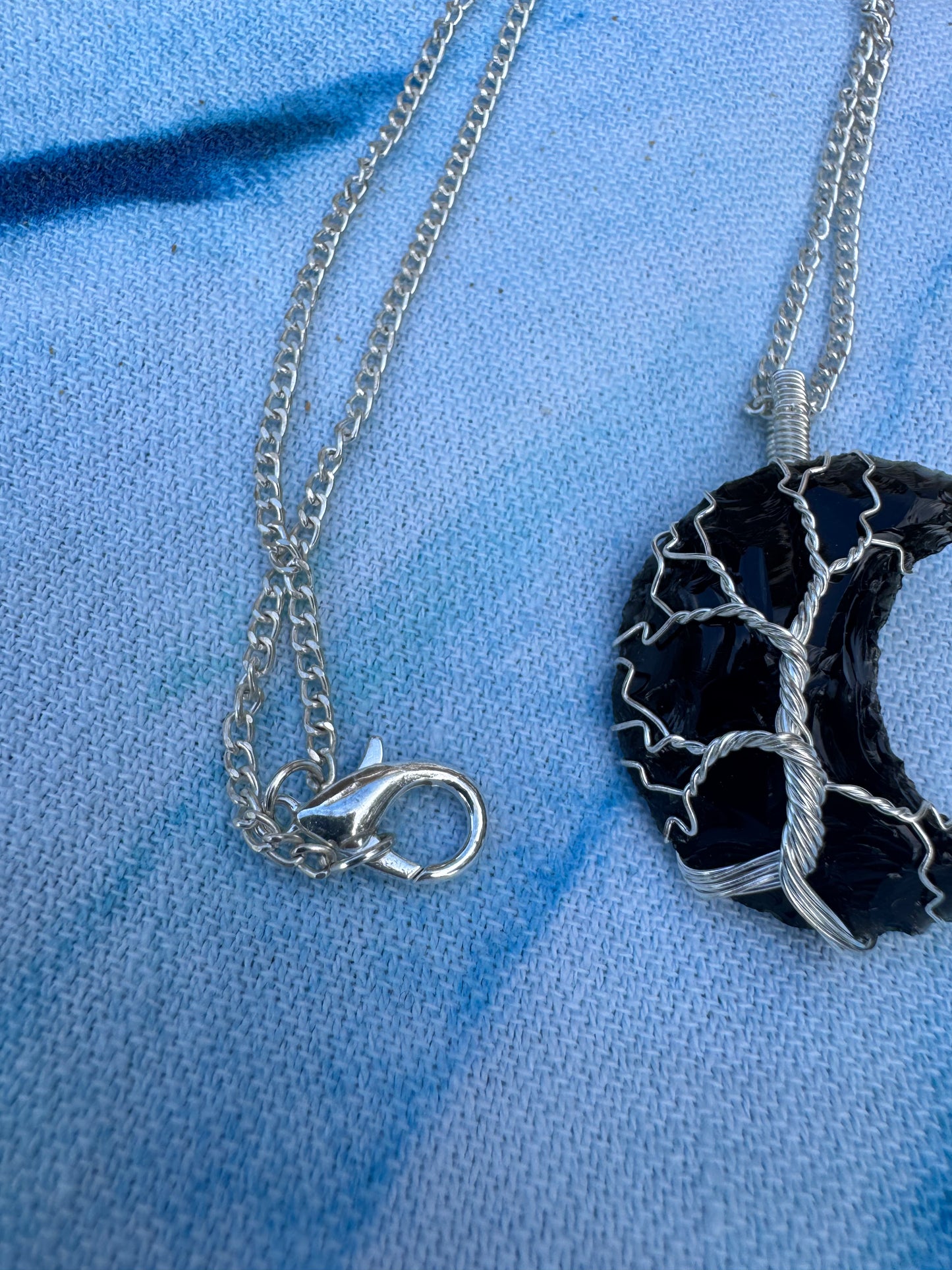 Black Obsidian Crystal Moon Silver Plate Wire Wrapped Pendants