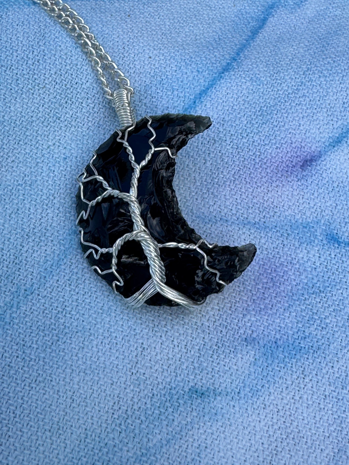 Black Obsidian Crystal Moon Silver Plate Wire Wrapped Pendants