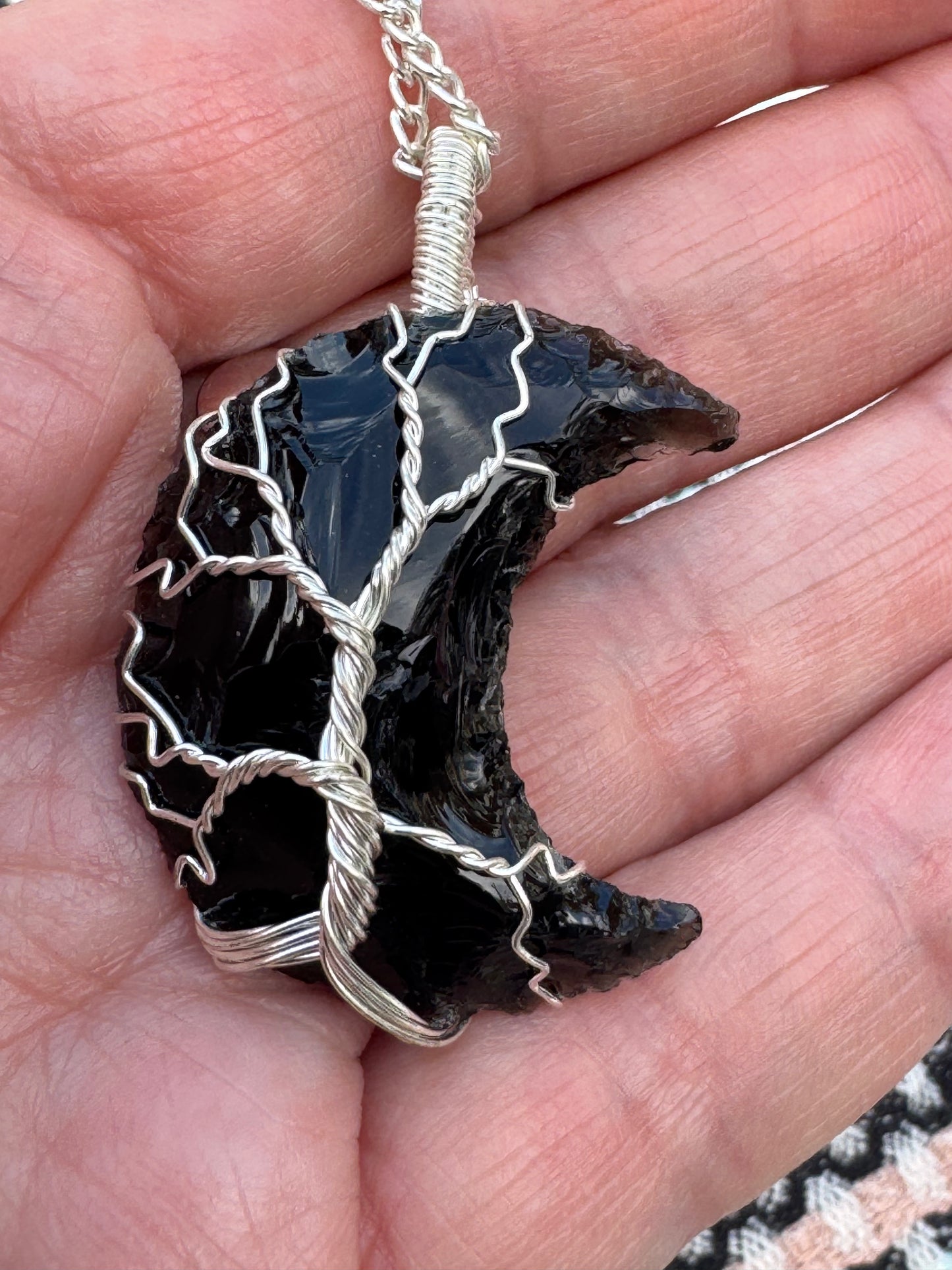 Black Obsidian Crystal Moon Silver Plate Wire Wrapped Pendants