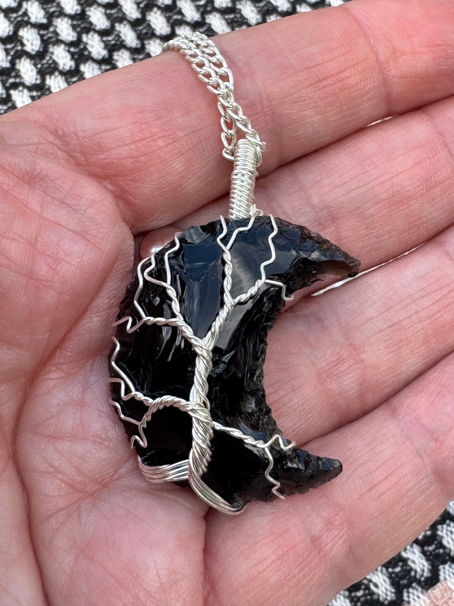 Black Obsidian Crystal Moon Silver Plate Wire Wrapped Pendants
