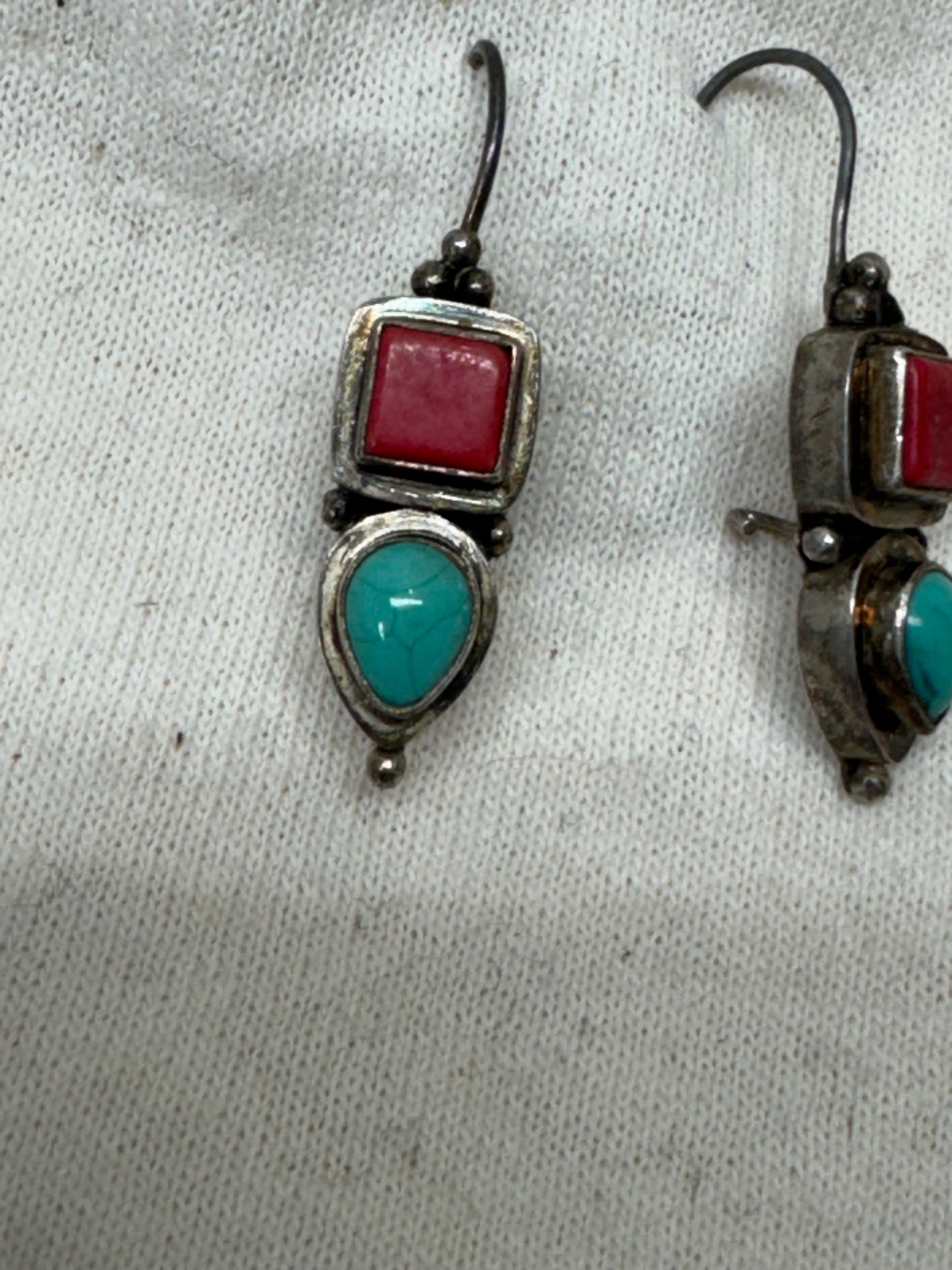 Turquoise and red coral sterling earrings