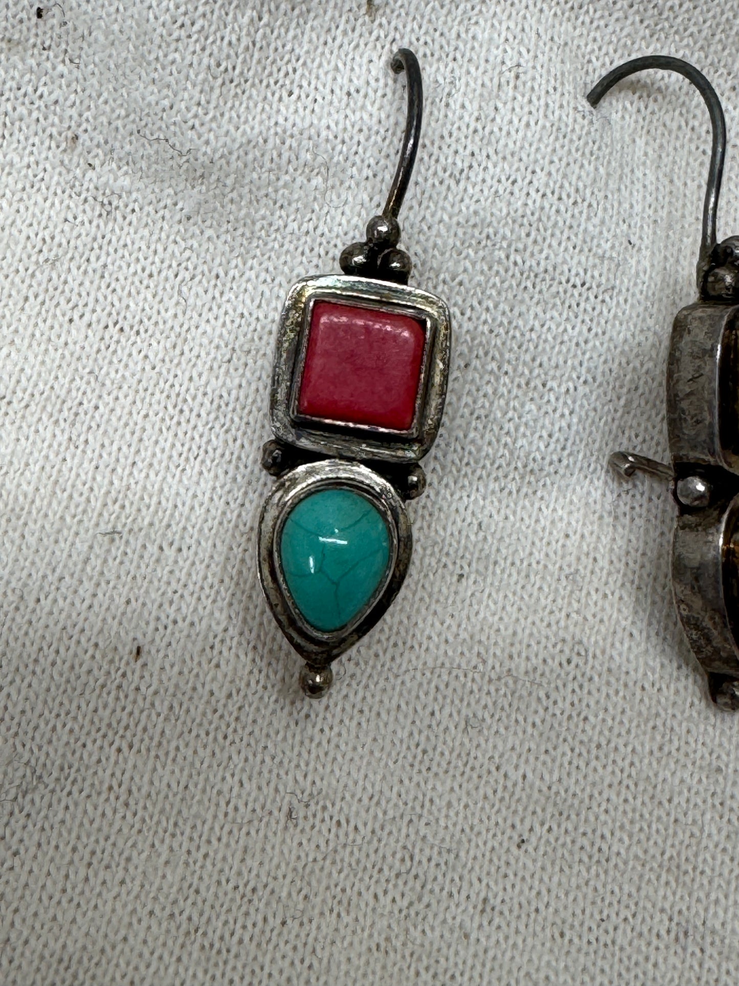 Turquoise and red coral sterling earrings
