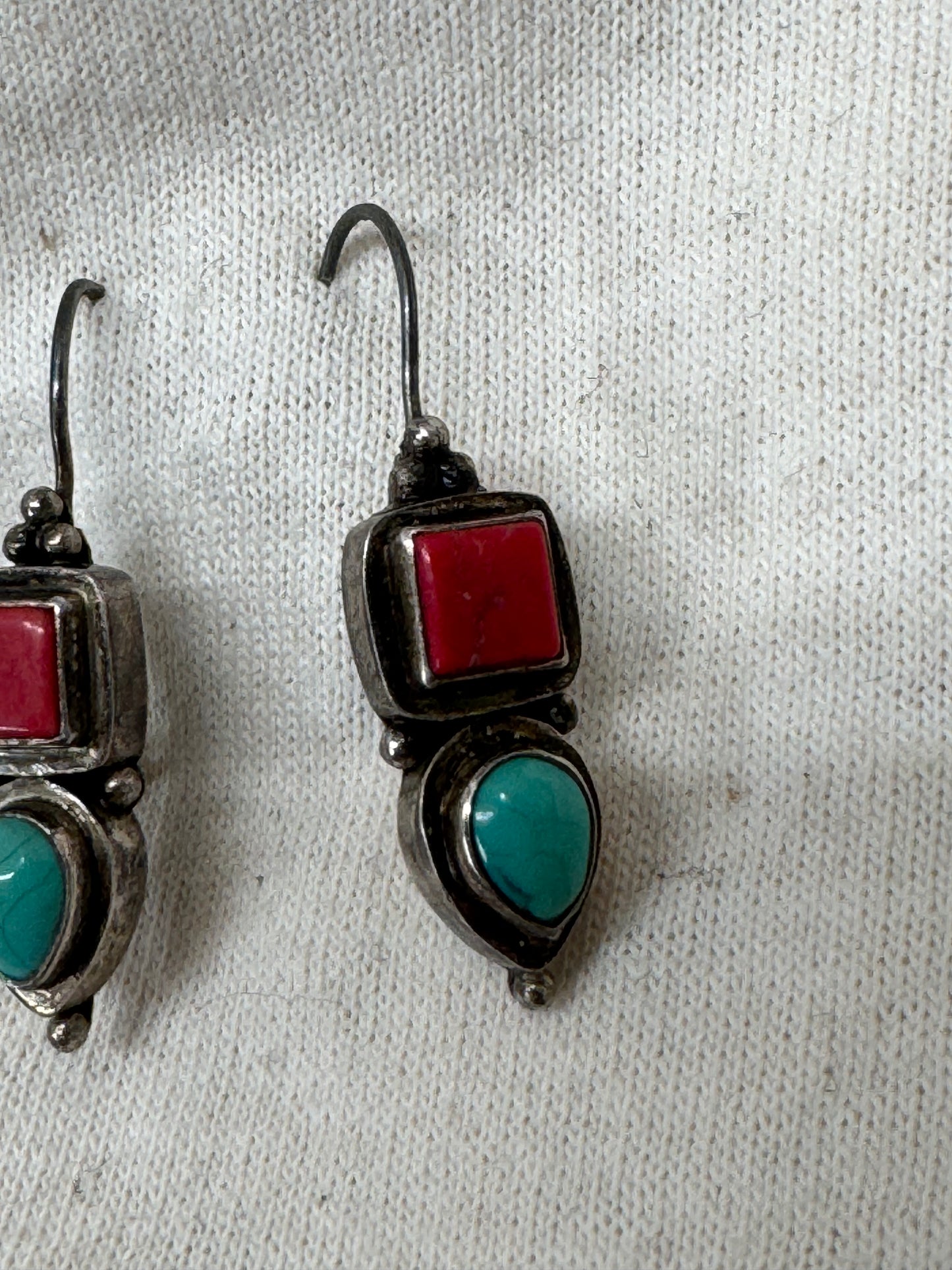 Turquoise and red coral sterling earrings