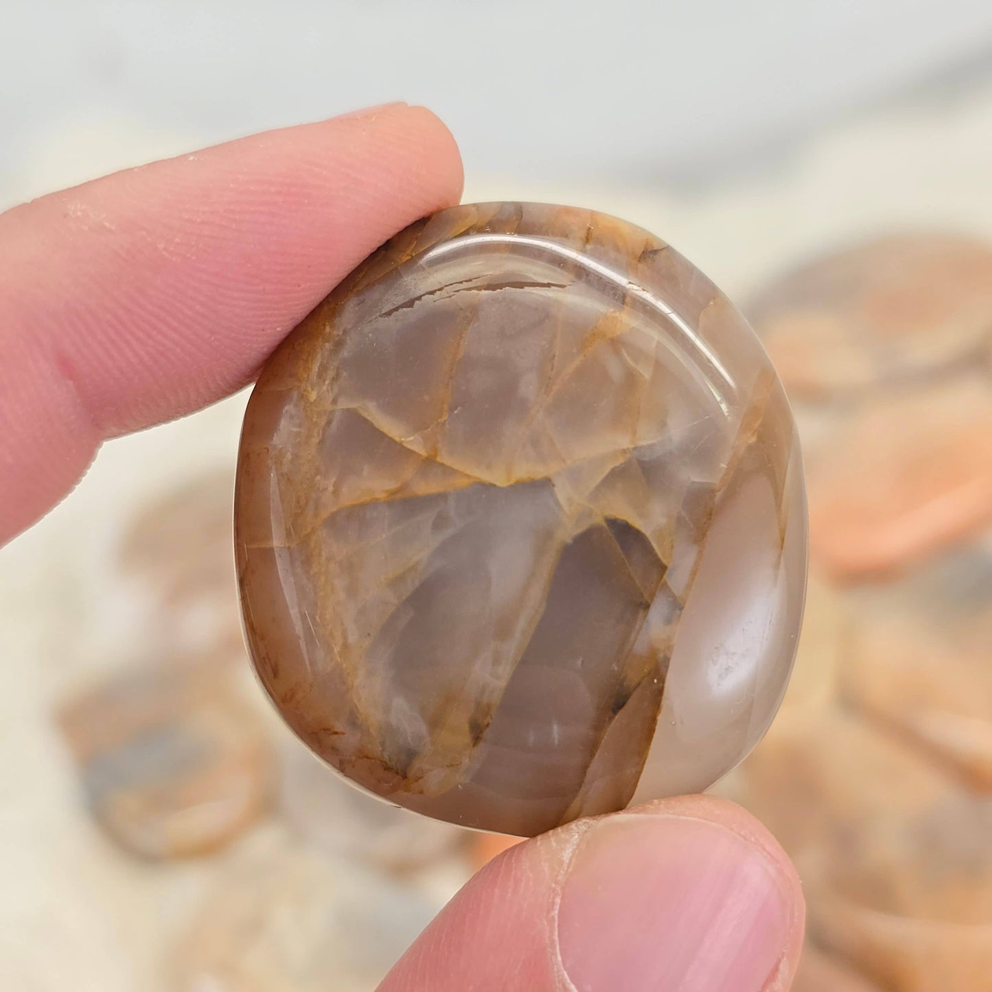 Peach Moonstone Flat Crystal Palm Stones