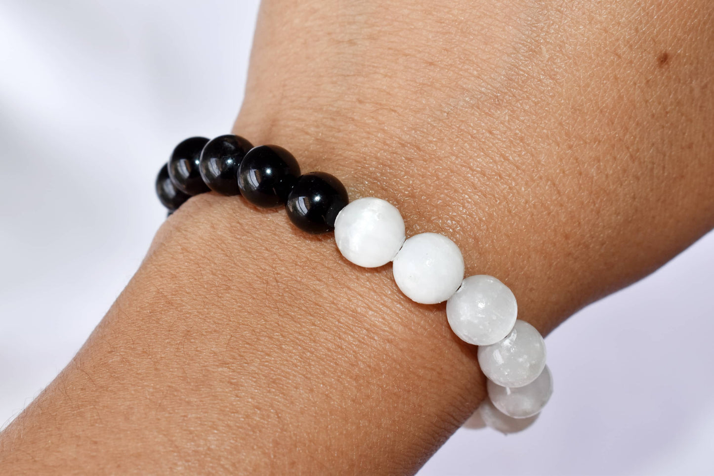 Yin Yang Energy Balance Crystal Bracelet Selenite and Black Tourmaline Spiritual Support