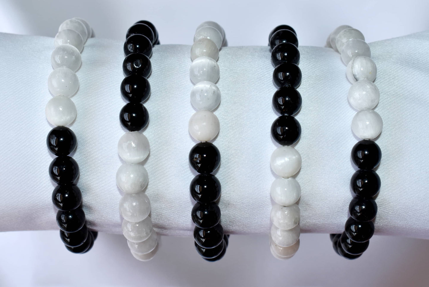 Yin Yang Energy Balance Crystal Bracelet Selenite and Black Tourmaline Spiritual Support