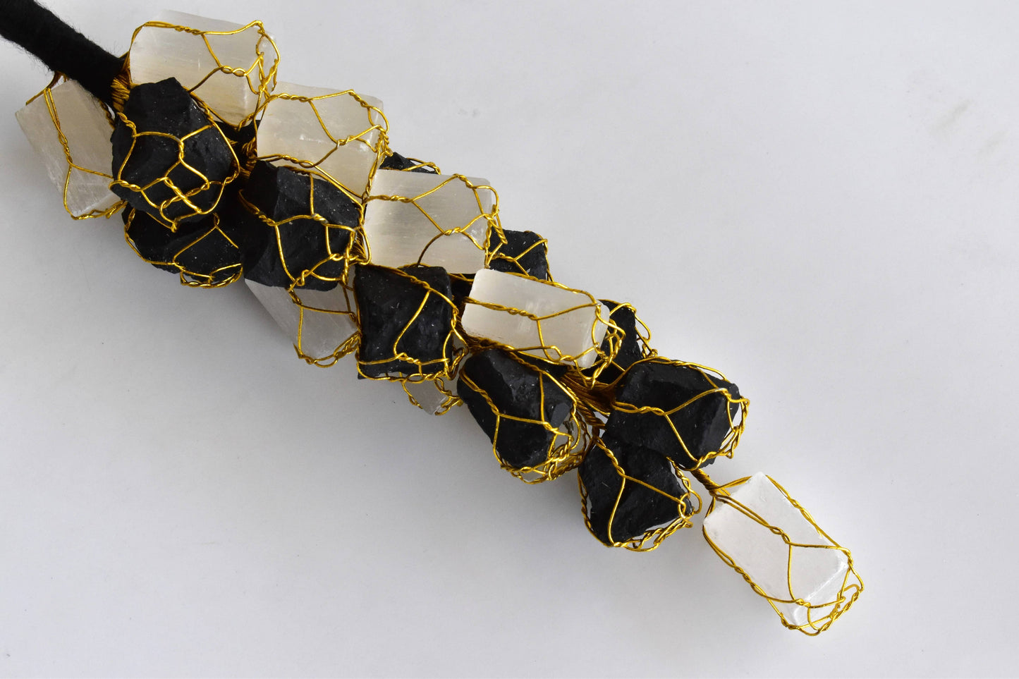 Selenite with Black Tourmaline Protective Raw Crystal Car or Home Hanger
