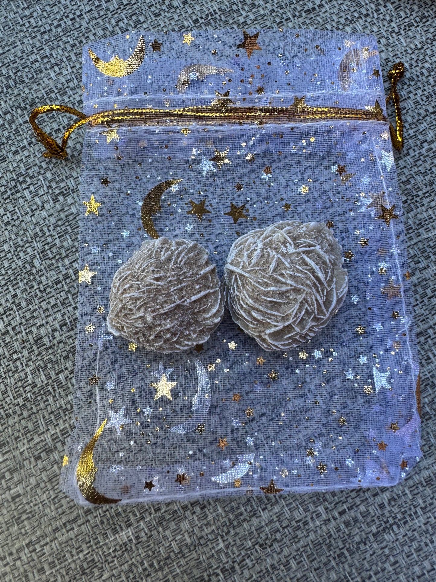 Fear of Flying Crystal Intention Bag Desert Rose Selenite  in a White Charm Bag