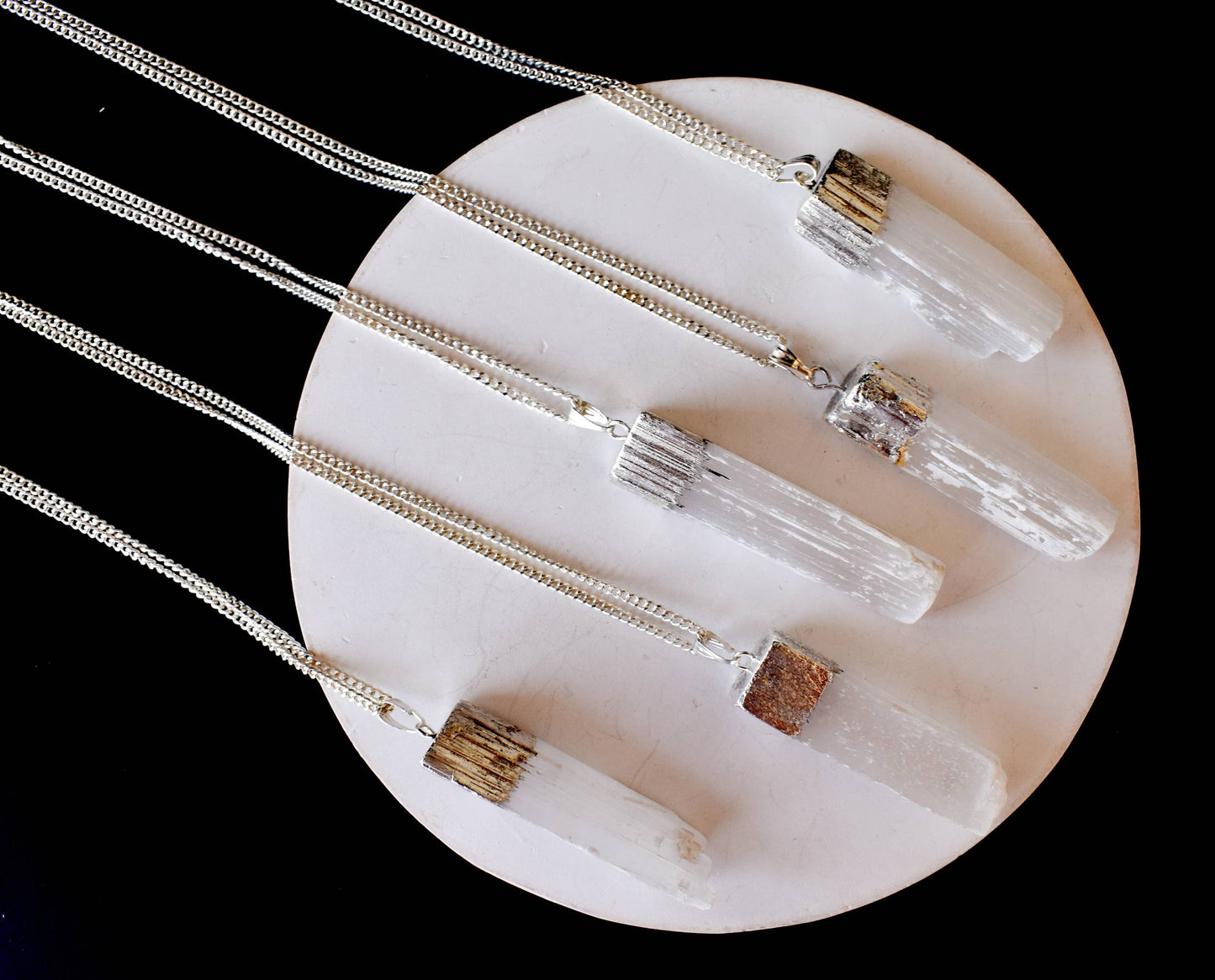 Selenite Rough Stone Pendant - Electroplated Silver Pendant