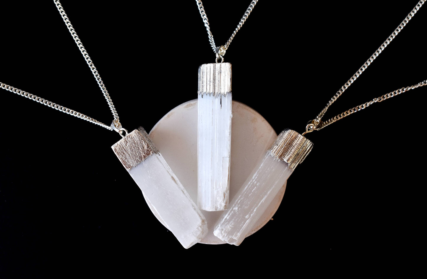 Selenite Rough Stone Pendant - Electroplated Silver Pendant