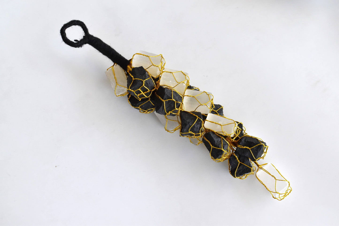 Selenite with Black Tourmaline Protective Raw Crystal Car or Home Hanger