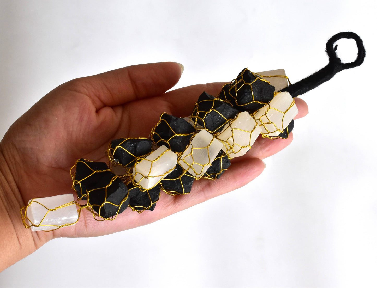 Selenite with Black Tourmaline Protective Raw Crystal Car or Home Hanger