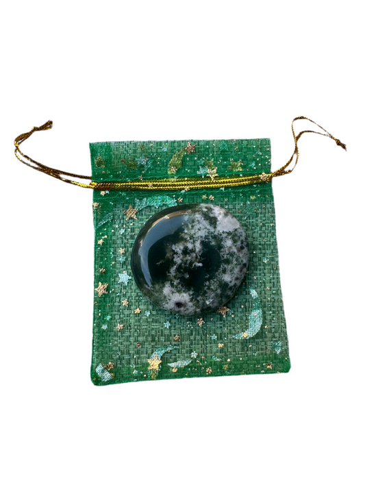 Crystal Intension Pouch- Relax and Restore Your Energy - Tree Agate in a Green Pouch