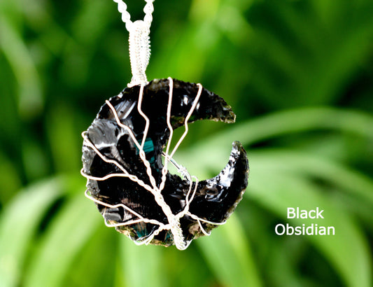 Black Obsidian Crystal Moon Silver Plate Wire Wrapped Pendants