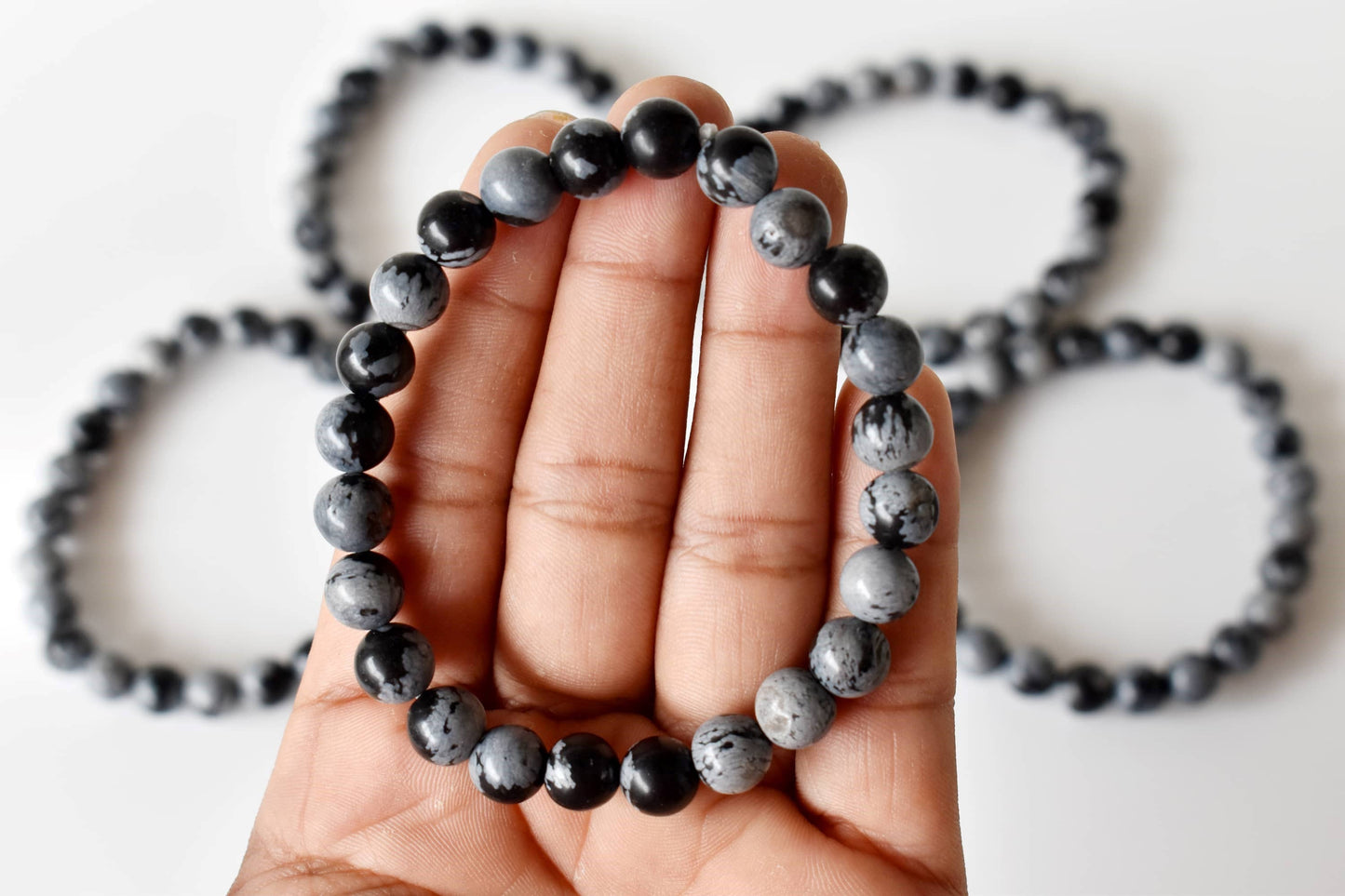 Snowflake Black Obsidian Crystal Bracelet 6mm and 8mm