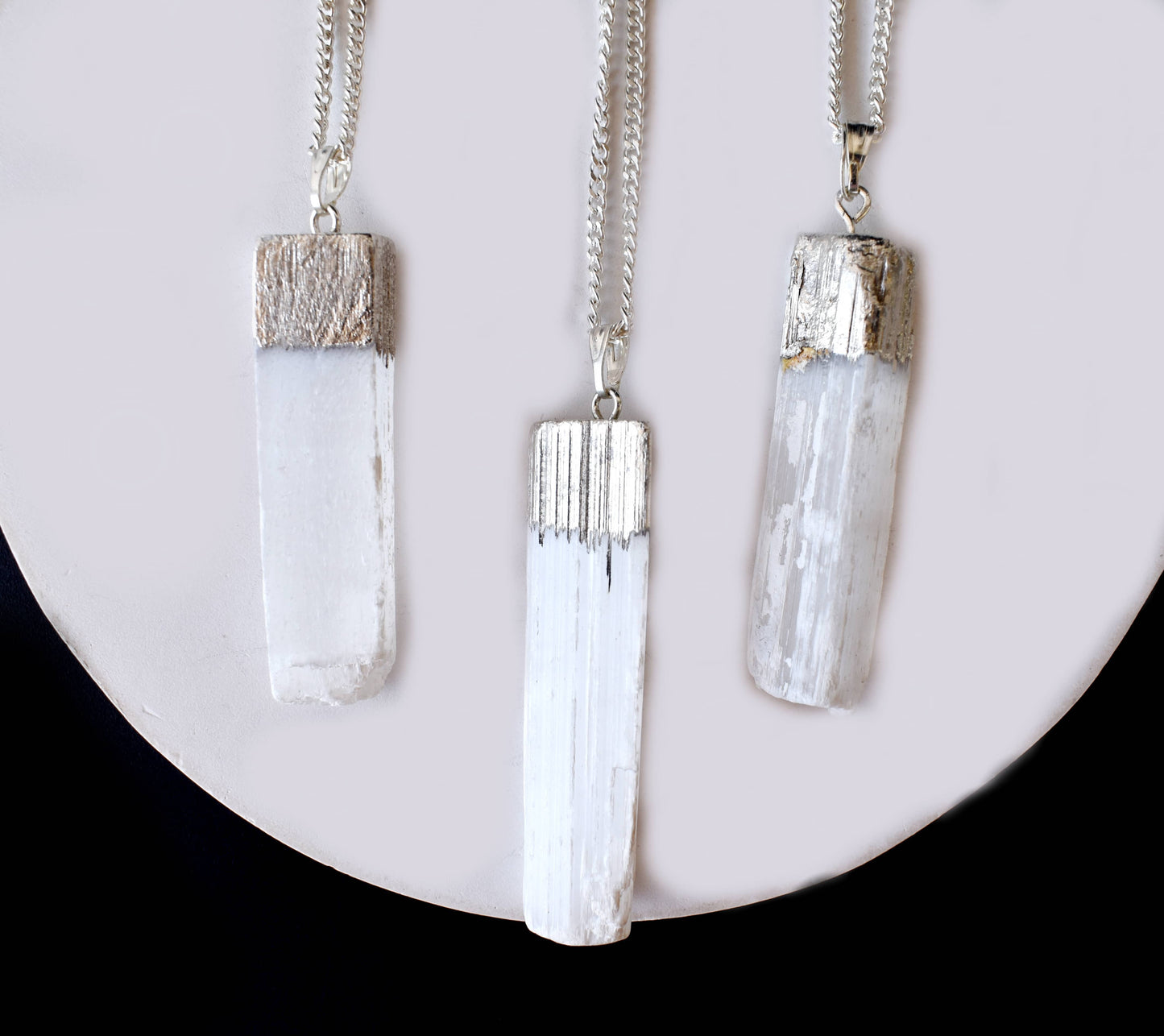 Selenite Rough Stone Pendant - Electroplated Silver Pendant