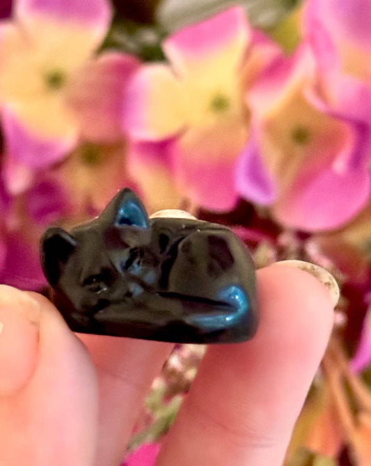 3 cm Sleepy Black Obsidian Cat Sculpture, Halloween Decor