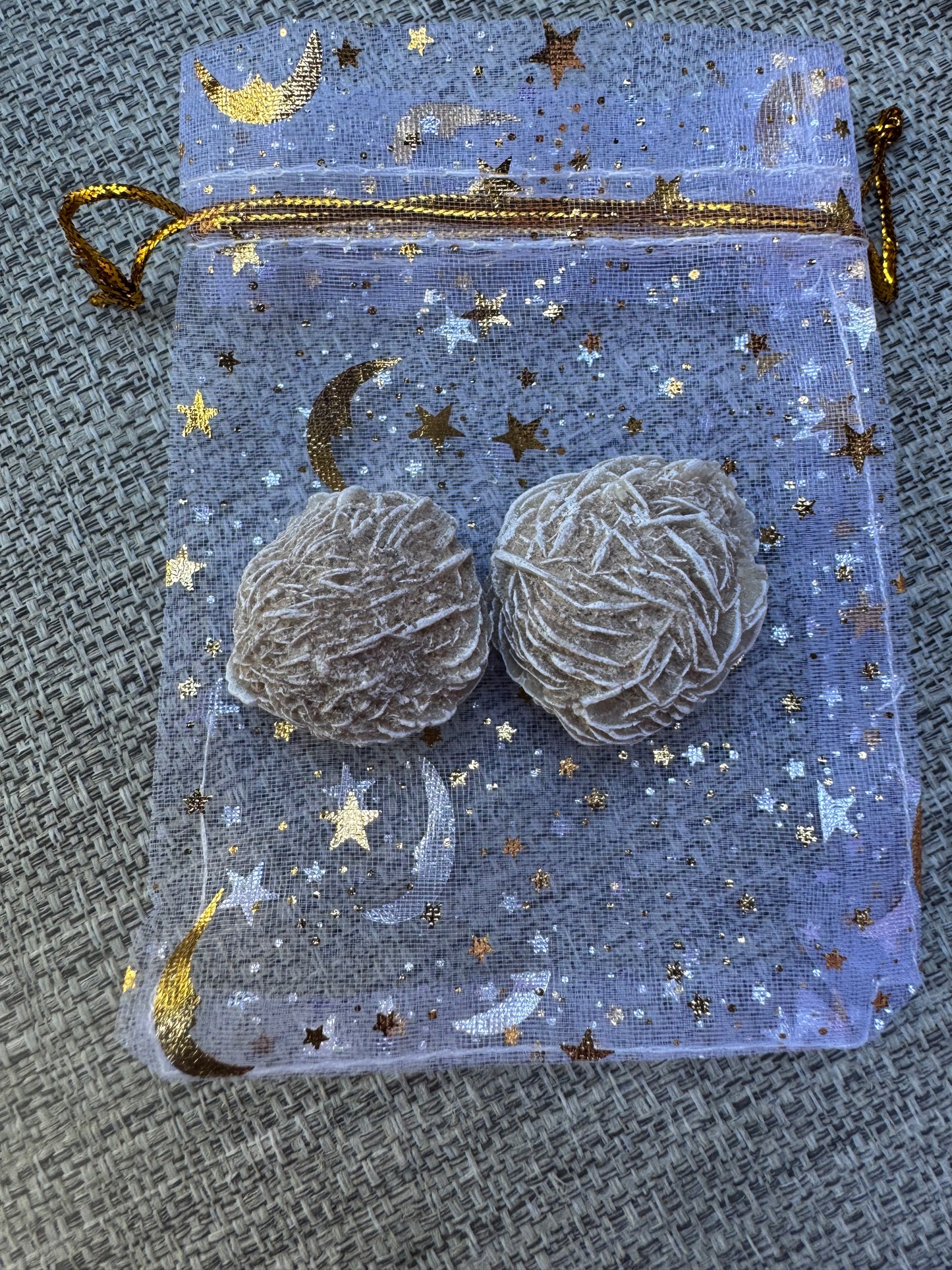 Fear of Flying Crystal Intention Bag Desert Rose Selenite  in a White Charm Bag