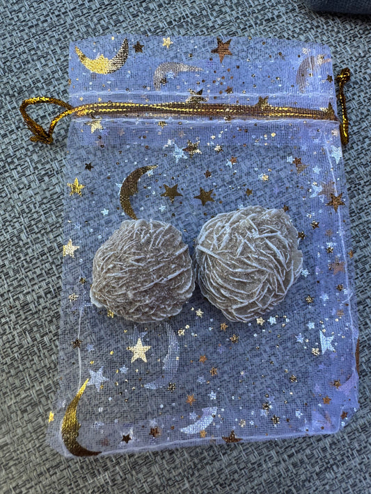 Fear of Flying Crystal Intention Bag Desert Rose Selenite  in a White Charm Bag