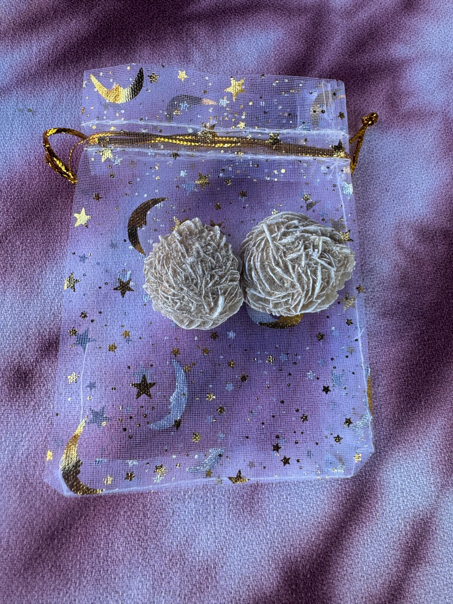 Fear of Flying Crystal Intention Bag Desert Rose Selenite  in a White Charm Bag