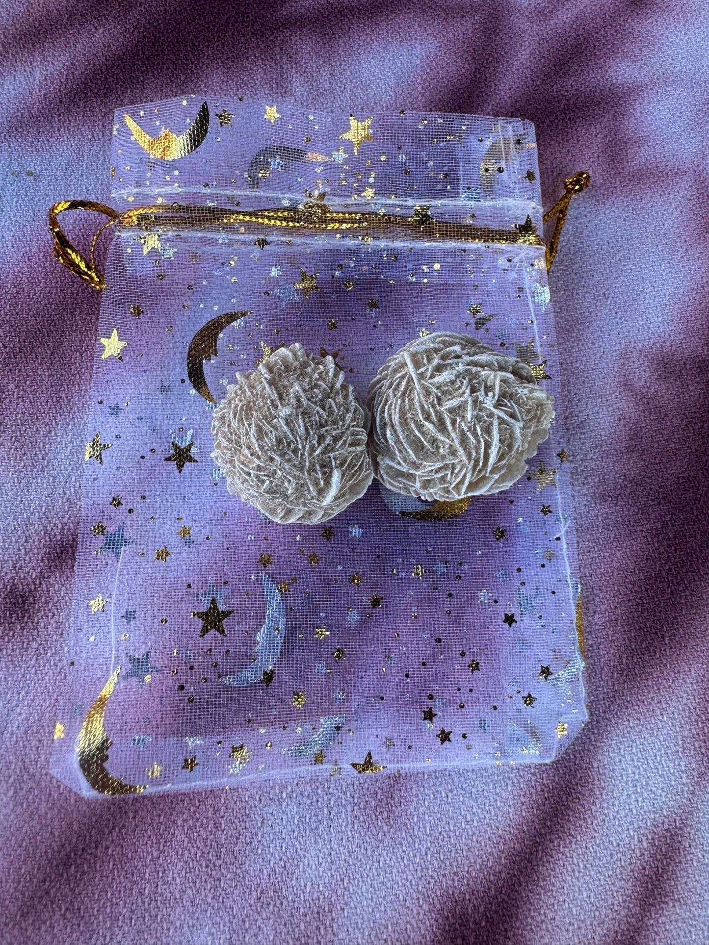 Fear of Flying Crystal Intention Bag Desert Rose Selenite  in a White Charm Bag