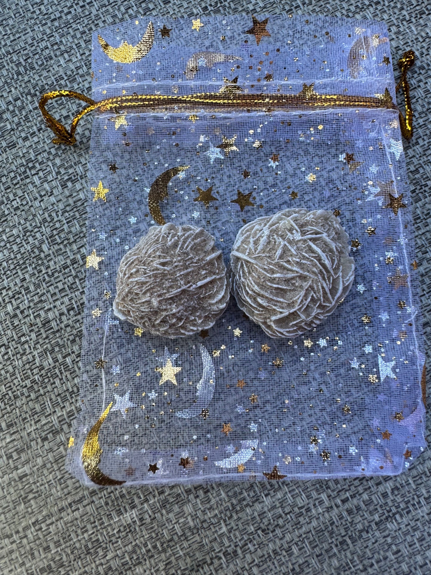 Fear of Flying Crystal Intention Bag Desert Rose Selenite  in a White Charm Bag