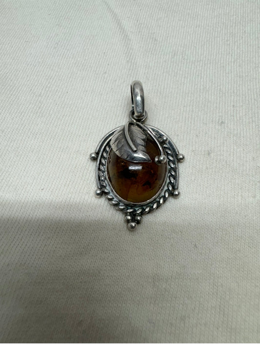 Amber and Sterling Feather Pendant