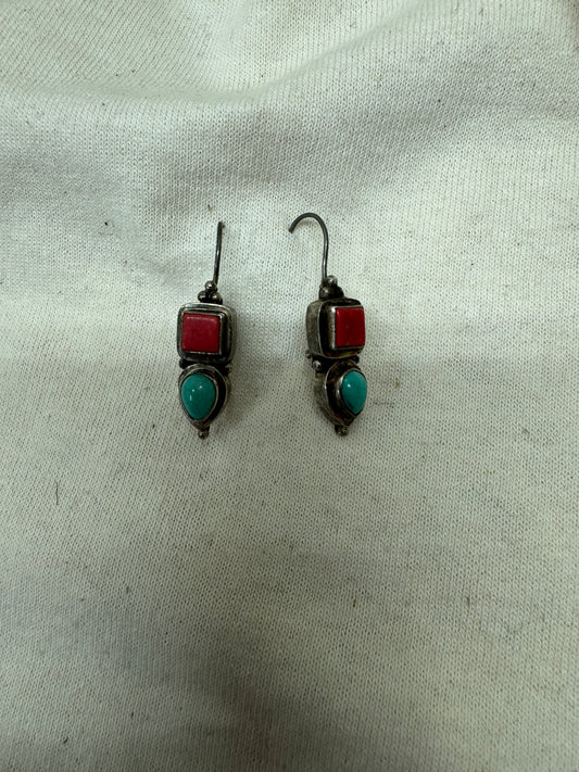 Turquoise and red coral sterling earrings