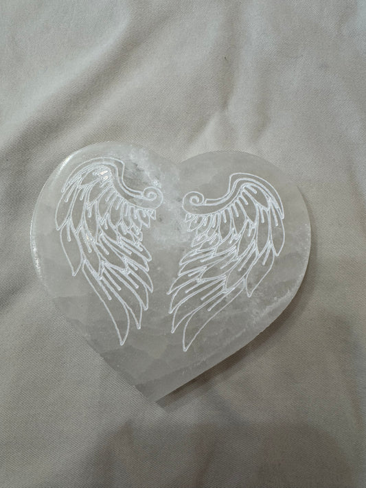Selenite Angel Wings Engraved Heart Crystal Charging Cleansing Plate 🪽  🪽
