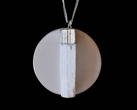 Selenite Rough Stone Pendant - Electroplated Silver Pendant