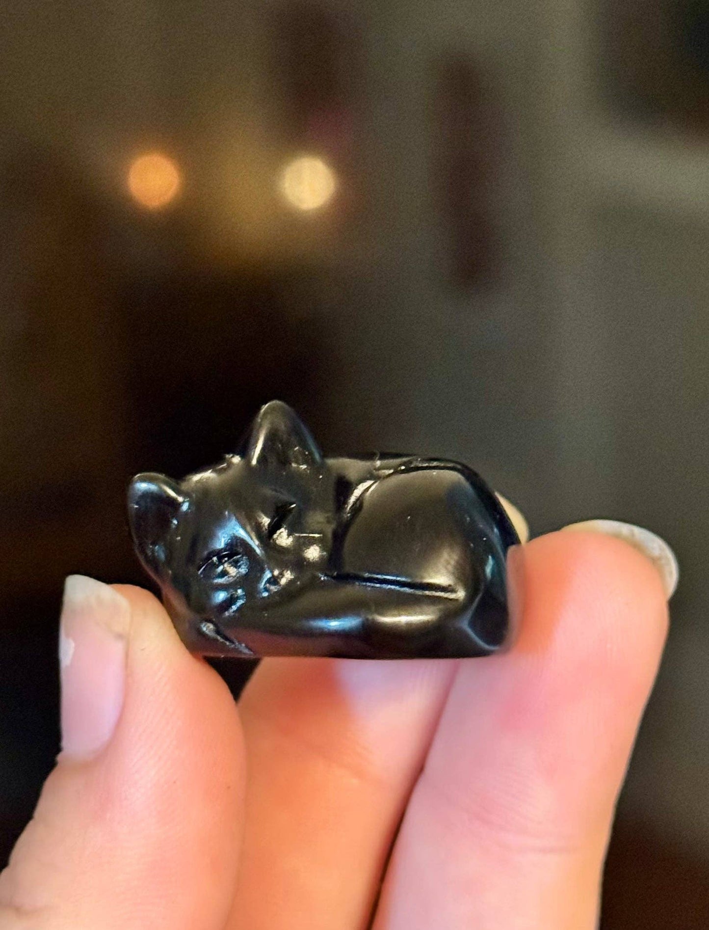 3 cm Sleepy Black Obsidian Cat Sculpture, Halloween Decor