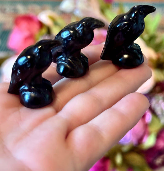 Black Obsidian Raven Crow Figurine, Halloween Decor