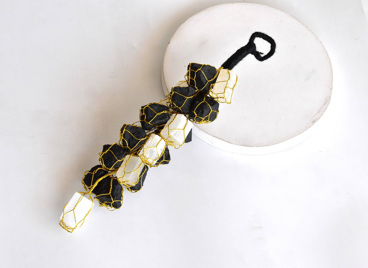 Selenite with Black Tourmaline Protective Raw Crystal Car or Home Hanger